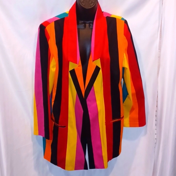 Vintage 90s Lerner Lightweight Blazer Open Front Retro Neon Striped, 23" ptp - Picture 1 of 4